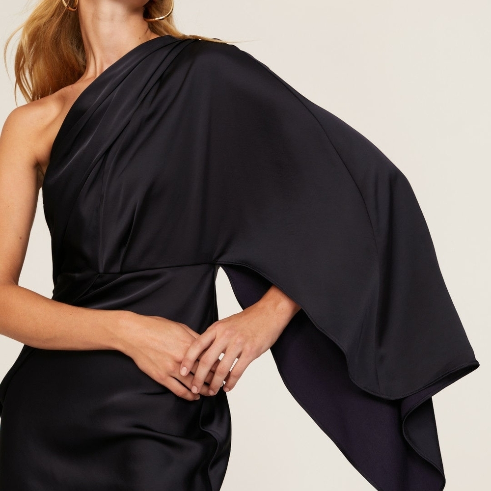Significant Other Blue Black Satin One Shoulder Bell Sleeve Gown Dress Size US 2